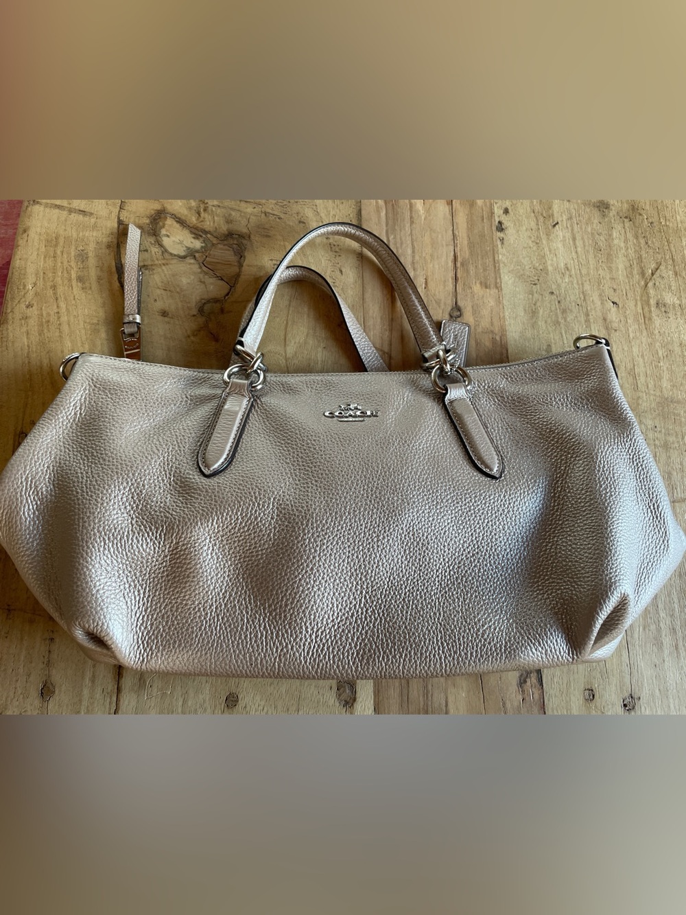 Coach Metallic Pebbled Leather Shoulder Tote in Champagne Gold